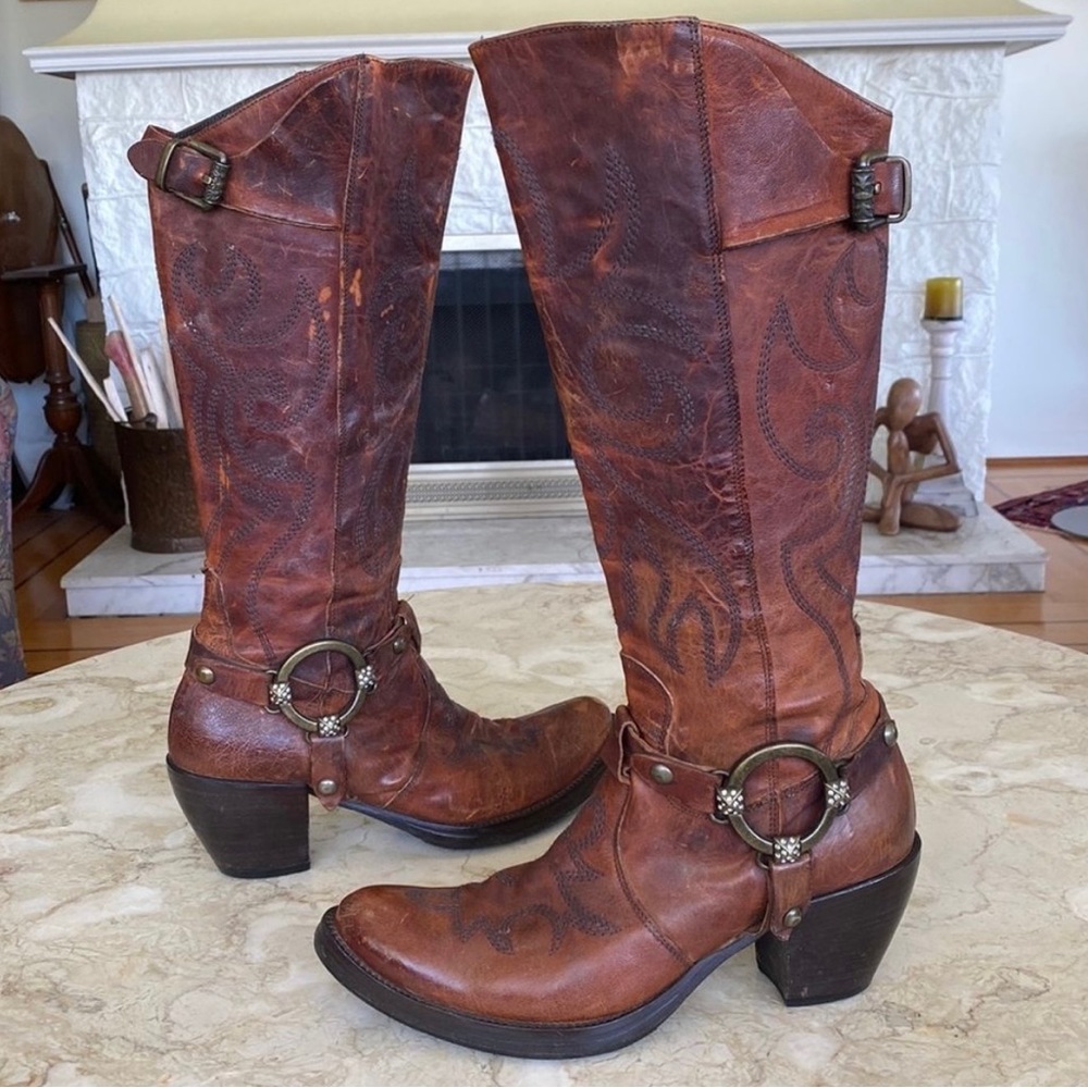 Fuga Futturi Italian Distressed Top Stitched Leather Harness Cowboy Boots